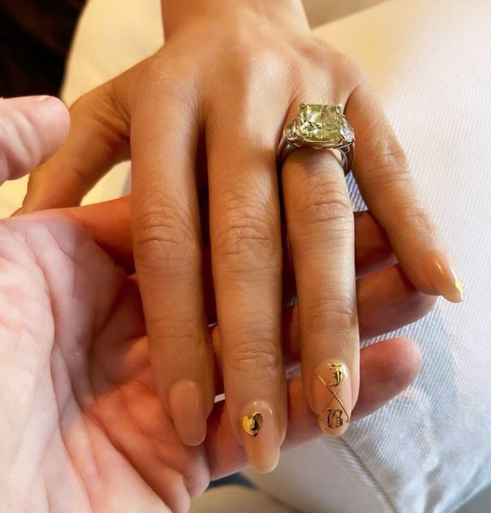 “Green is my lucky color,” Lopez said in April as she showed off her engagement ring.