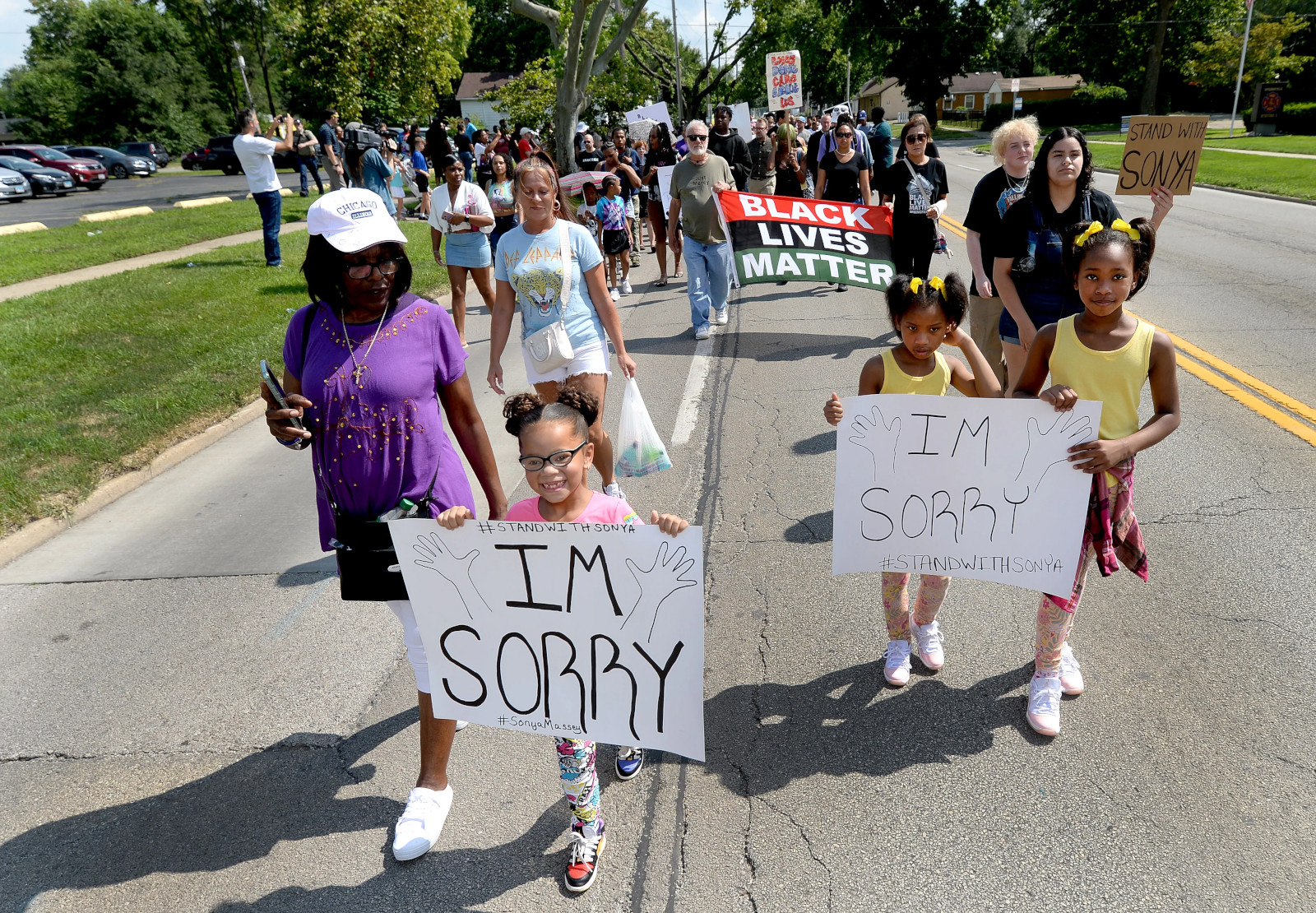 On July 22, 2024, protesters march from Pleasant Grove Baptist Church to Comer Cox Park in a peace rally for Sonya Massey, a 36-year-old Black woman fatally shot in her home by a Sangamon County Sheriff's deputy on July 6.