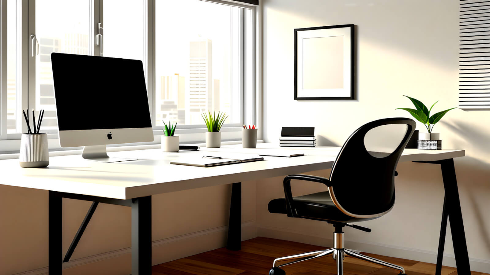 A sleek and modern illustration of a professional workspace, designed to maximize productivity and impact. The minimalist office space is filled with clean lines, subtle colors, and functional elements. The desk is clutter-free, with a top-of-the-line computer, a few essential stationery items, and a planner to manage tasks effectively. A stylish swivel chair adds comfort and functionality. The overall atmosphere of the image is calm, focused, and efficient, reflecting the essence of a minimalist professional approach.