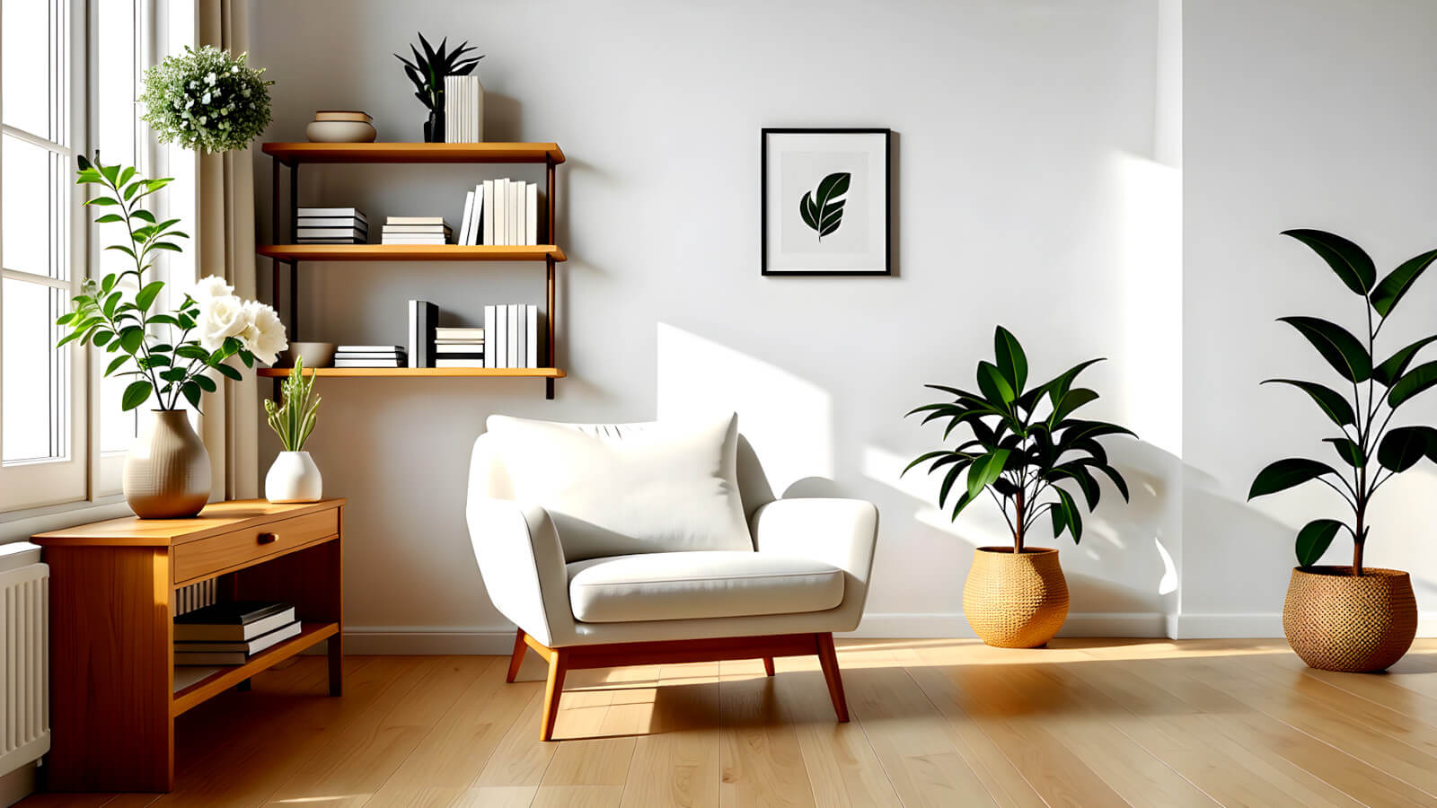 A serene and inspiring image of a minimalist living space, showcasing simplicity and organization as a tool for mental wellness. The room features an uncluttered, white and light-wood color palette, with well-placed furniture and accessories. The centerpiece is a comfortable, unadorned chair surrounded by open space, symbolizing tranquility and mental clarity. A small, carefully curated bookshelf and a single potted plant in the corner highlight the importance of mindful selection and natural elements for mental wellbeing.