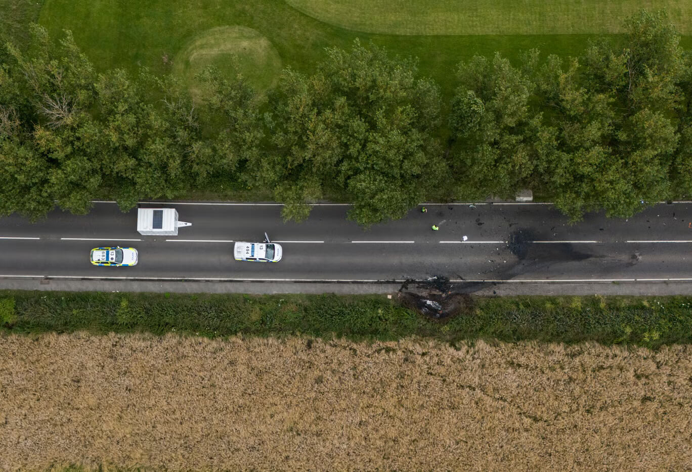 The scene on the A61 in Wakefield, following a collision between a car and a motorcycle on Sunday afternoon in which four adults and two children died