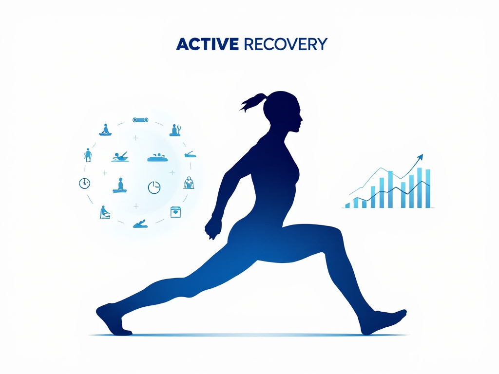 Athletic figure demonstrating active recovery techniques, surrounded by exercise icons and performance metrics, illustrating the connection between recovery methods and enhanced athletic performance