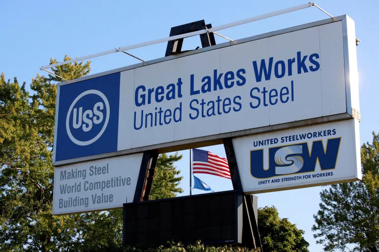 A United Steelworkers sign is seen outside the Great Lakes Works United States Steel plant in River Rouge, Michigan, the United States, on September 16, 2024 [Rebecca Cook/Reuters]