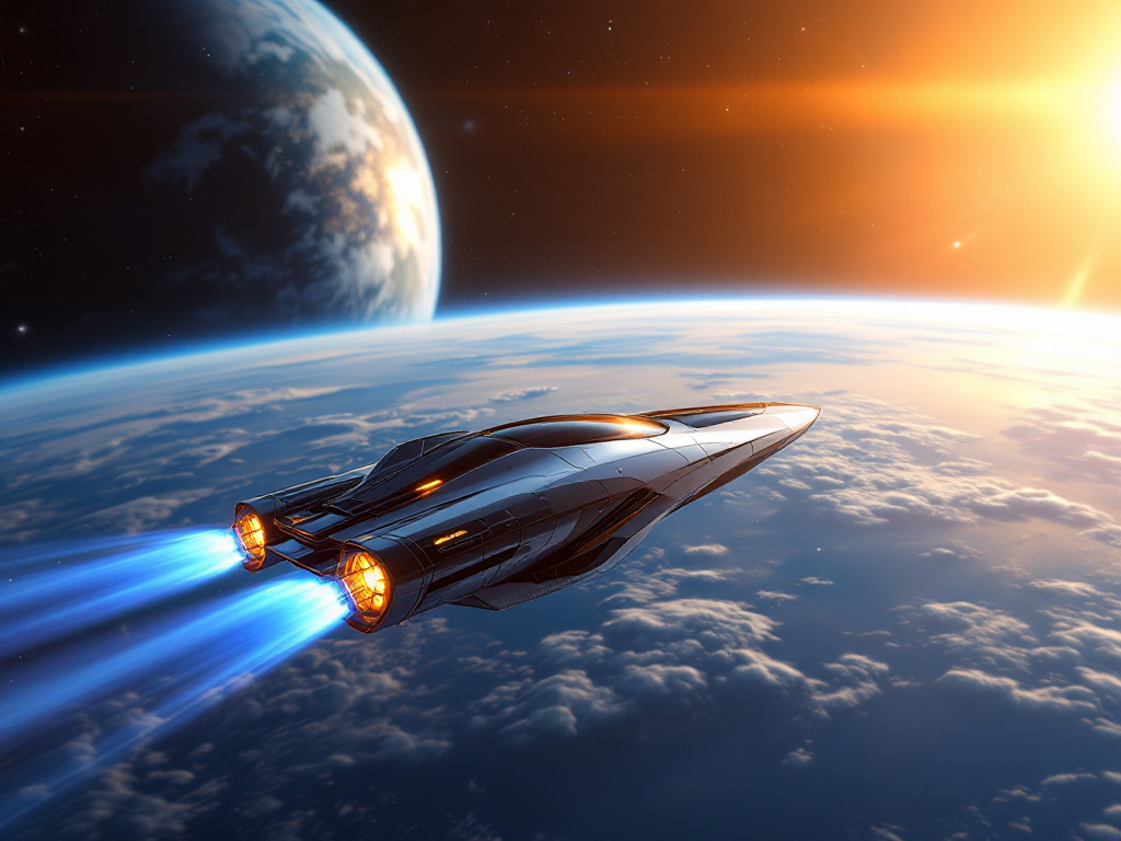 Artistic visualization of space tourism featuring a modern spacecraft approaching a space station with Earth in the background, highlighting the future of commercial space travel