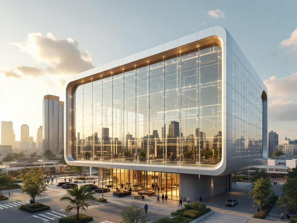 A modern architectural visualization of transparent solar technology implementation in buildings, demonstrating how windows can generate clean energy while maintaining transparency