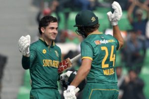 The Proteas' Matthew Breetzke (left) celebrates his ODI century on debut with Wiaan Mulder in the Tri-Nations Series ODI against New Zealand at the Gadaffi Stadium in Lahore, Pakistan, on Monday. Image: Rahat Dar/EPA/BackpagePix