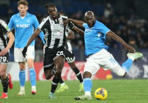 Napoli’s Belgian forward #11 Romelu Lukaku (R) fights for the ball with Udinese’s French defender #28 Oumar Solet (C) during the Italian Serie A football match between Napoli and Udinese at the Diego Armando Maradona Stadium in Naples on February 9, 2025. AFP