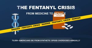 Illustration showing medical symbols, pill bottles, and warning symbols representing the dual nature of fentanyl as both medicine and deadly street drug